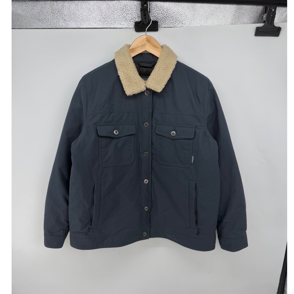 Eddie Bauer Womens Down Button Up Jacket Navy Blue Fur Collar L Warm